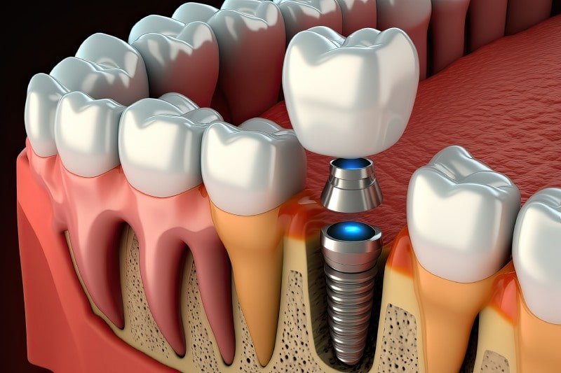 Kesit çizim: çene kemiğine yerleşmiş vidalı implant, yanında doğal diş kökleri