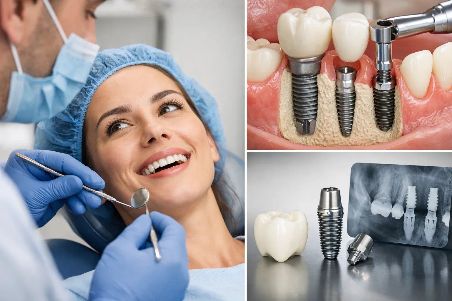 Üç bölmeli görsel: hasta muayenesi, çene kesitinde implant vidaları ve röntgenli implant parçaları