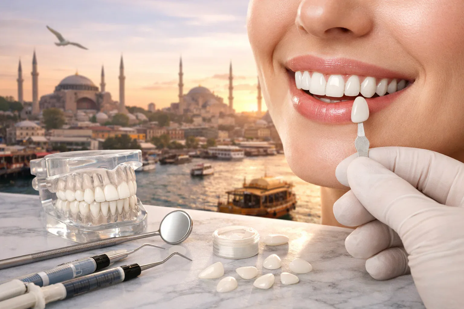 İstanbul silueti önünde eldivenli el renk skalası tutuyor, masada diş modeli ve kaplama örnekleri