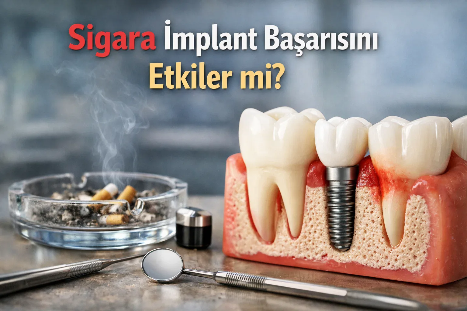 Küllü tabla ve izmaritlerin yanında implant vidalı kesit çene modeli, masada muayene aynası
