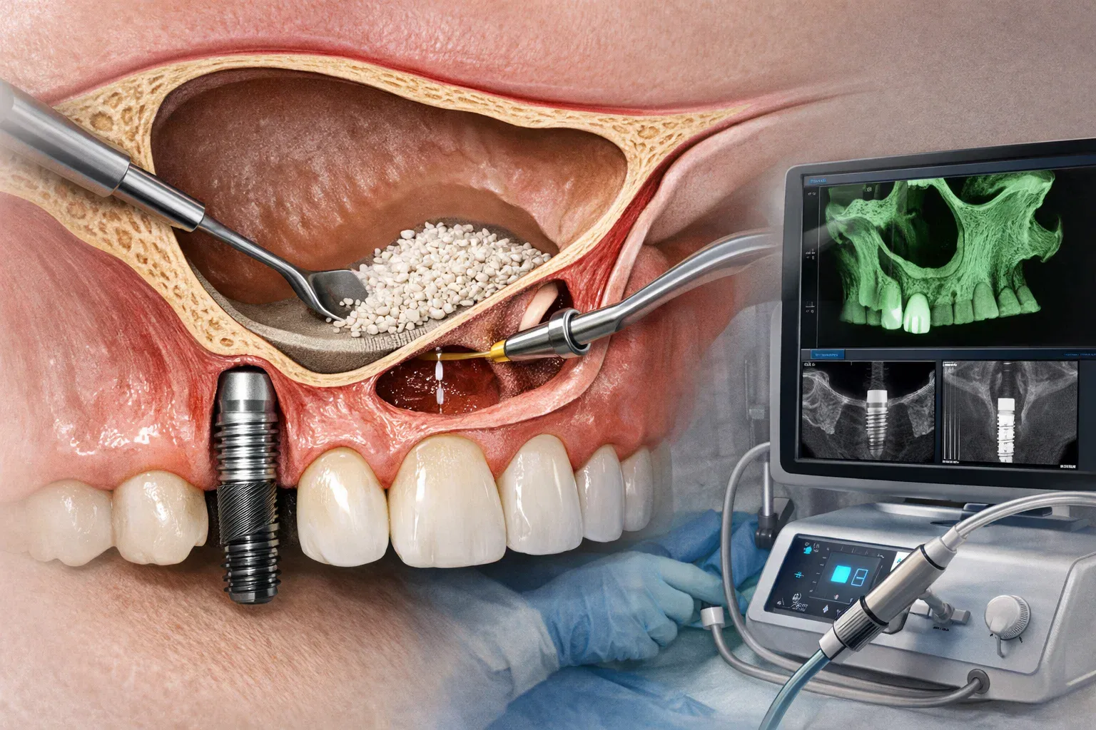 Üst çene kesiti çiziminde sinüs boşluğuna kemik grefti granülleri, implant vidası ve yanda tomografi ekranı