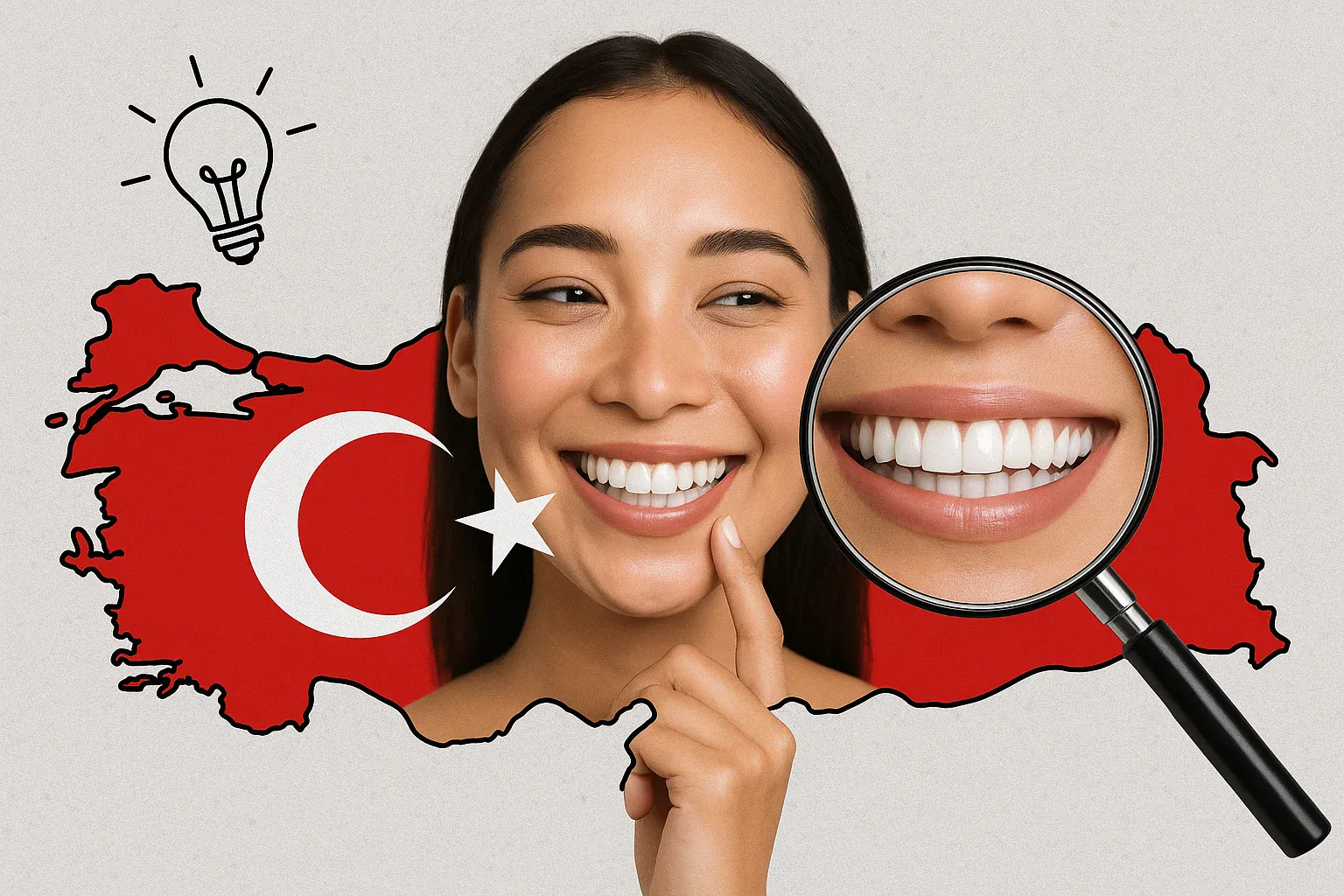 Türkiye haritası önünde gülümseyen kadın, büyüteç gülüşünü yakınlaştırıyor, yanında ampul çizimi