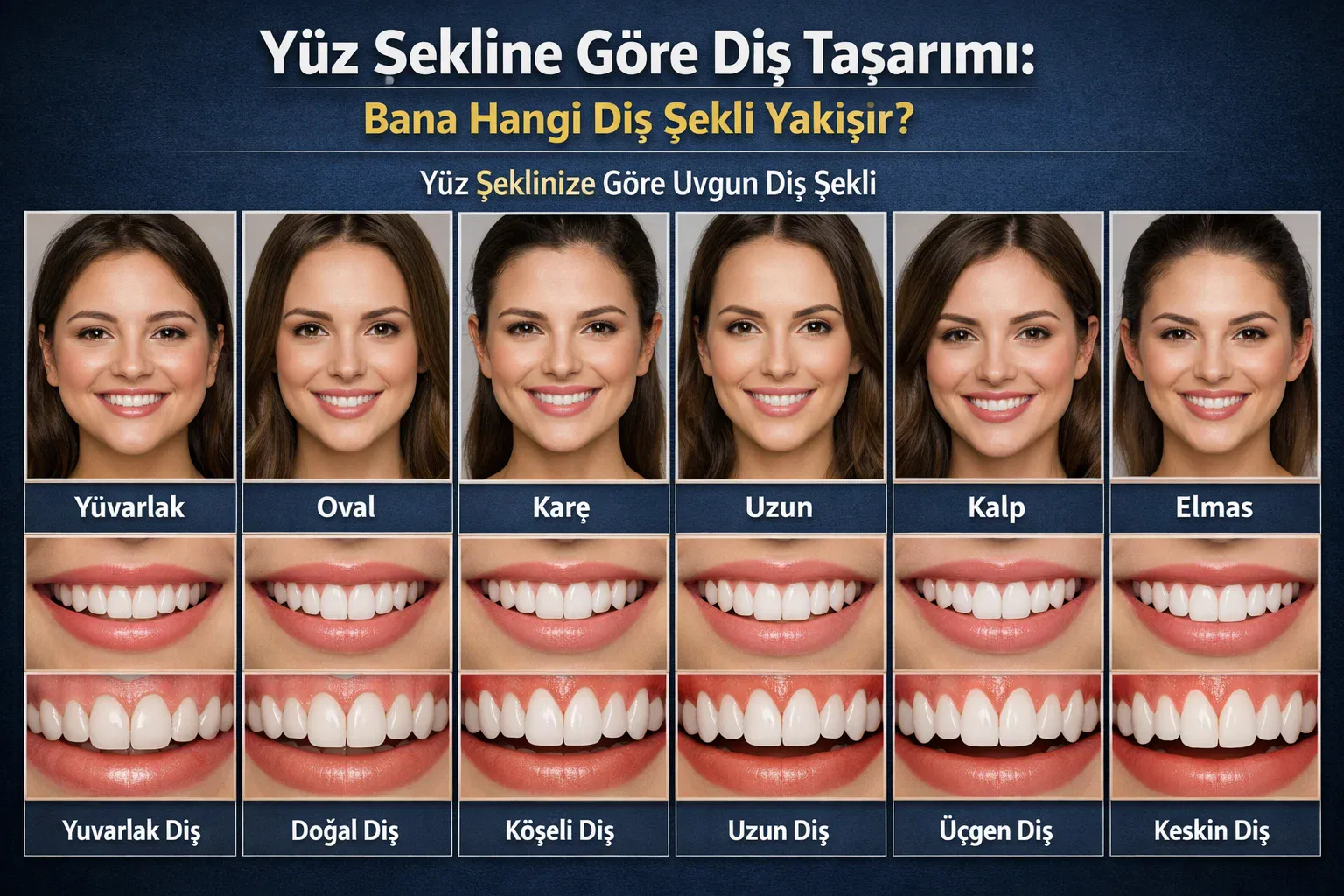 Altı yüz tipi ve altında eşleşen gülüş yakın çekimlerinden oluşan lacivert zeminli karşılaştırma tablosu