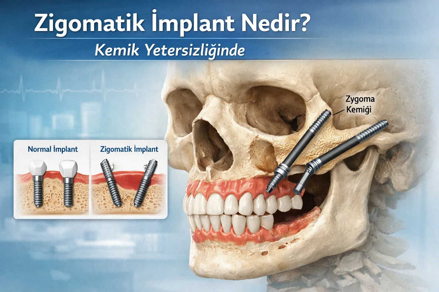 Kafatası yandan görünümde elmacık kemiğine uzanan iki uzun implant, yanda karşılaştırma kutusu